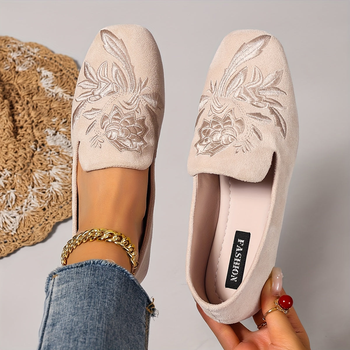 Women's Floral Embroidered Flannel Loafers All-Season Slip-On Flats