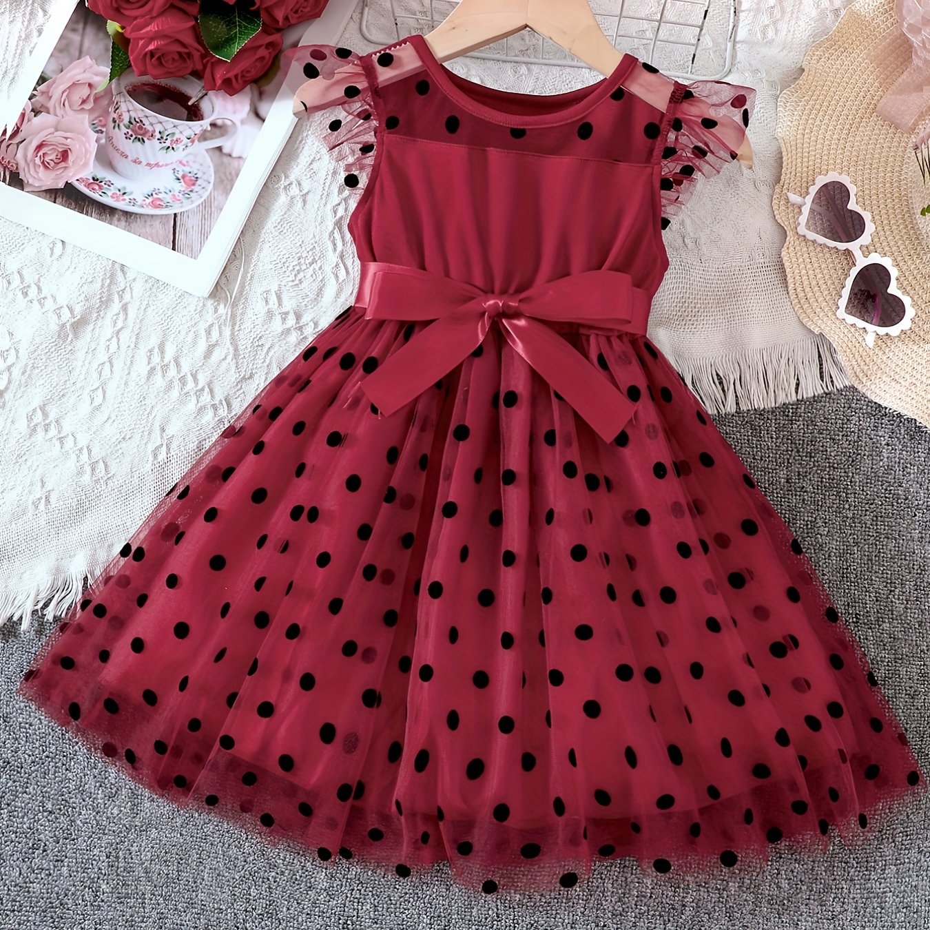 Girls Toddler Polka Dot Tutu Dress with Contrast Mesh for Parties and Vacations