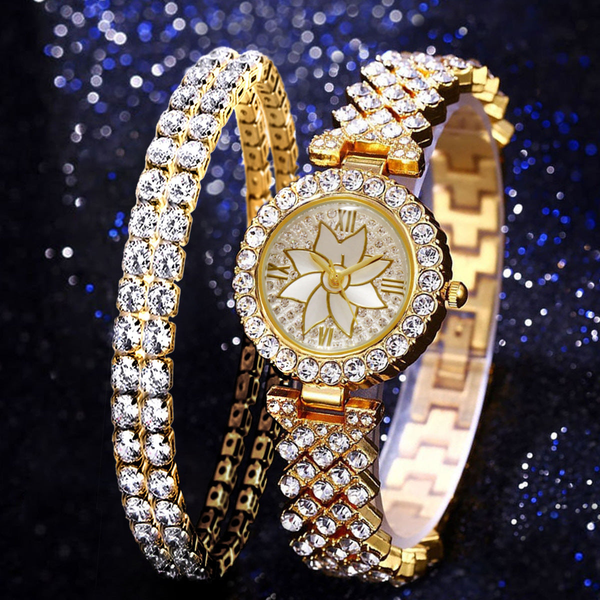 Women's Wrist Watches Set with Rhinestones and Stainless Steel Bands