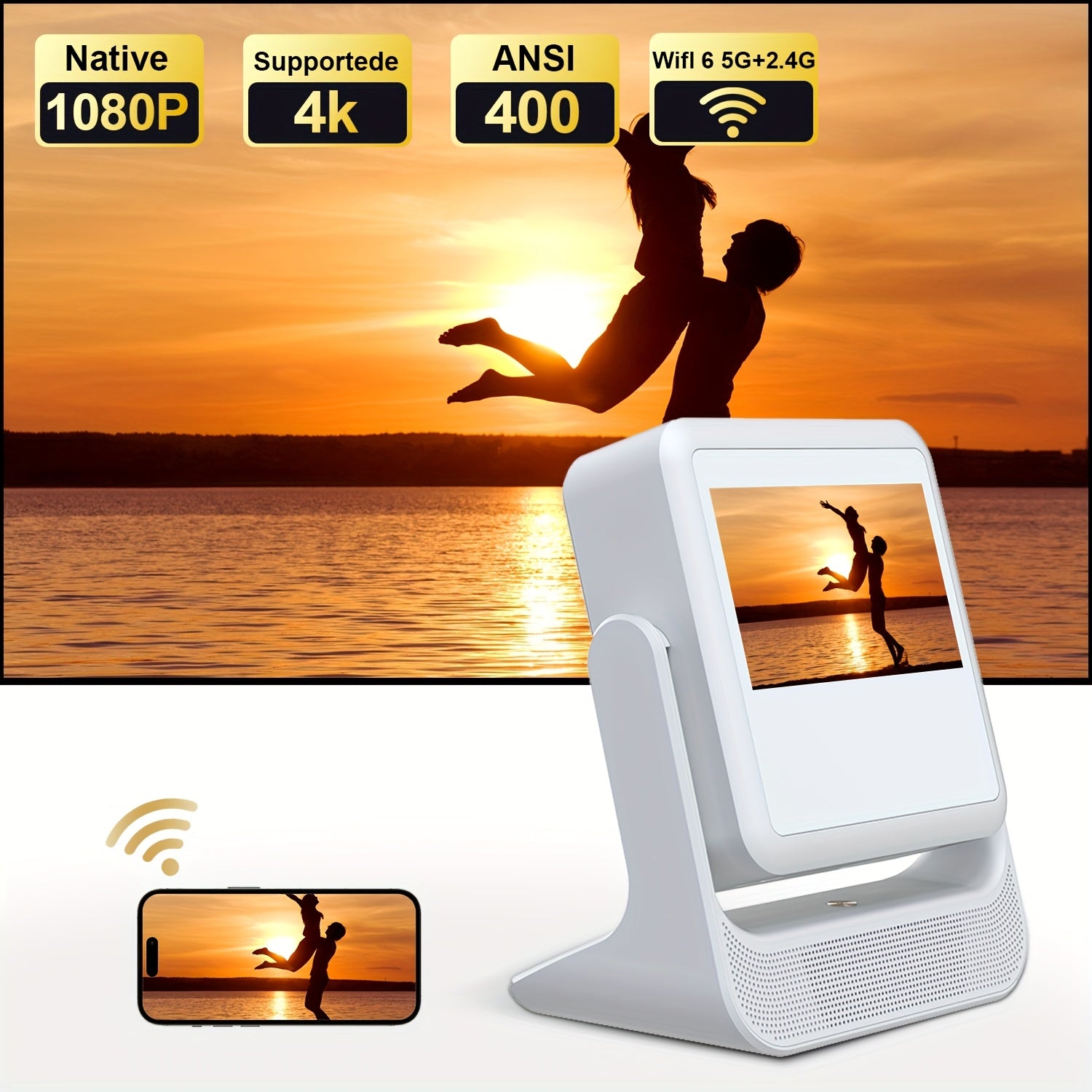 4K Home Theater Projector with WiFi 6, Wireless 5.2, 180° Rotation