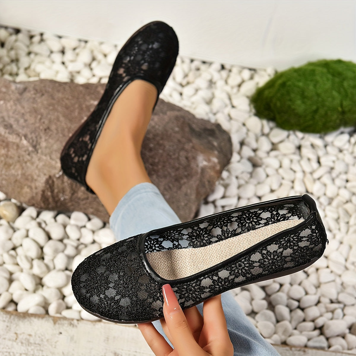 Women's Breathable Mesh Lace Ballet Flats Casual Slip-On Shoes