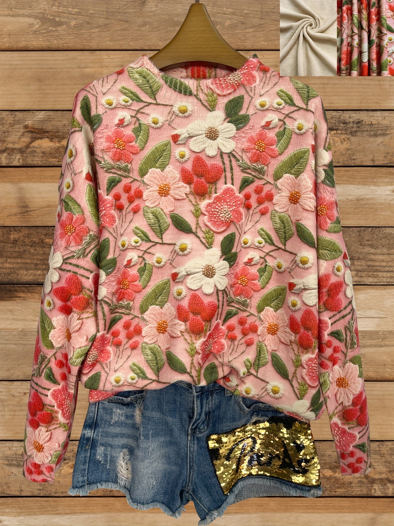 Women's Plus Size Floral Sweater Thick Knit 3D Flower Print Long Sleeve Pullover