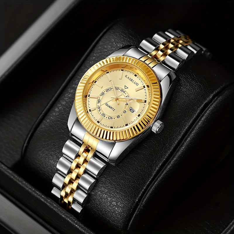 Women's Gold-Tone Quartz Watch with Date Display Roman Numerals Alloy Case Stainless Steel Band