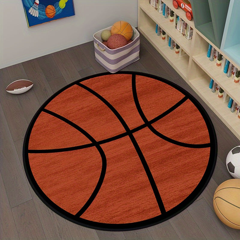 Thick Basketball-Inspired Round Area Rug, Soft Polyester, Easy to Clean, Bedroom or Living Room Decor