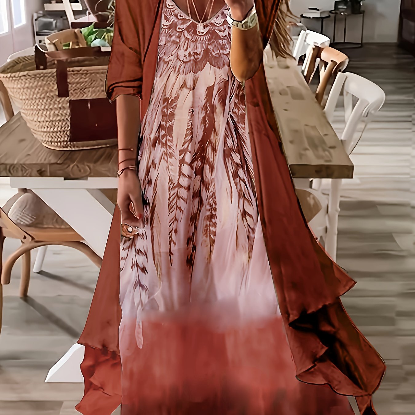 Vintage Floral Printed Short Sleeve Dress with Pleats and Fake Two-Piece Design