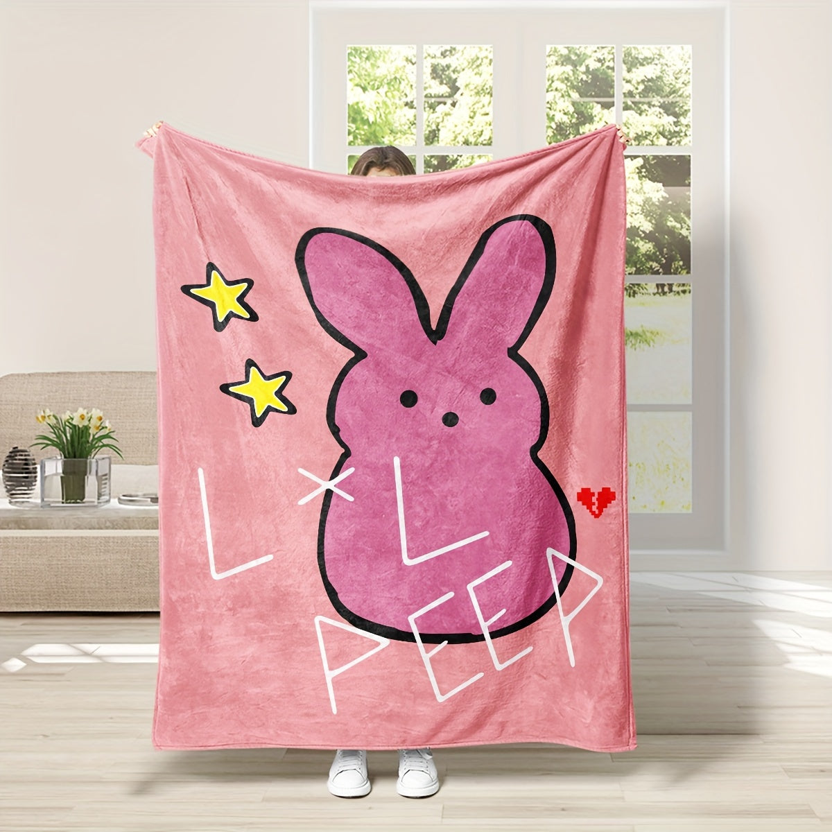 Pink Flannel Throw Blanket with Cartoon Bunny Design for Cozy Home Decor