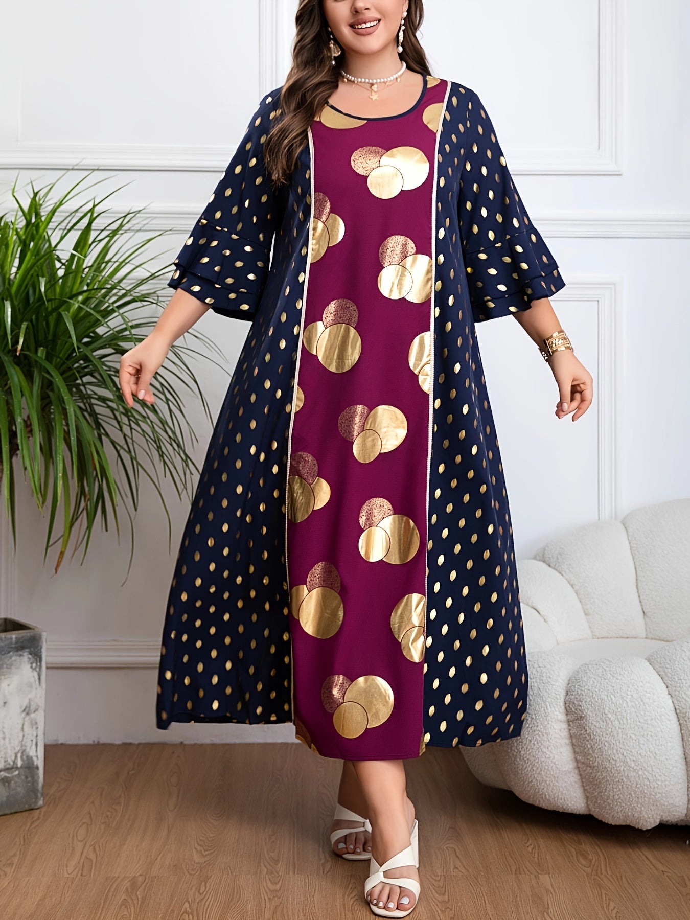 Ayollar uchun kattaroq o'lchamdagi polka nuqta kaftan kiyi, kruj bo'yinli, 3/4 uzunlikdagi qo'lqop, nafis