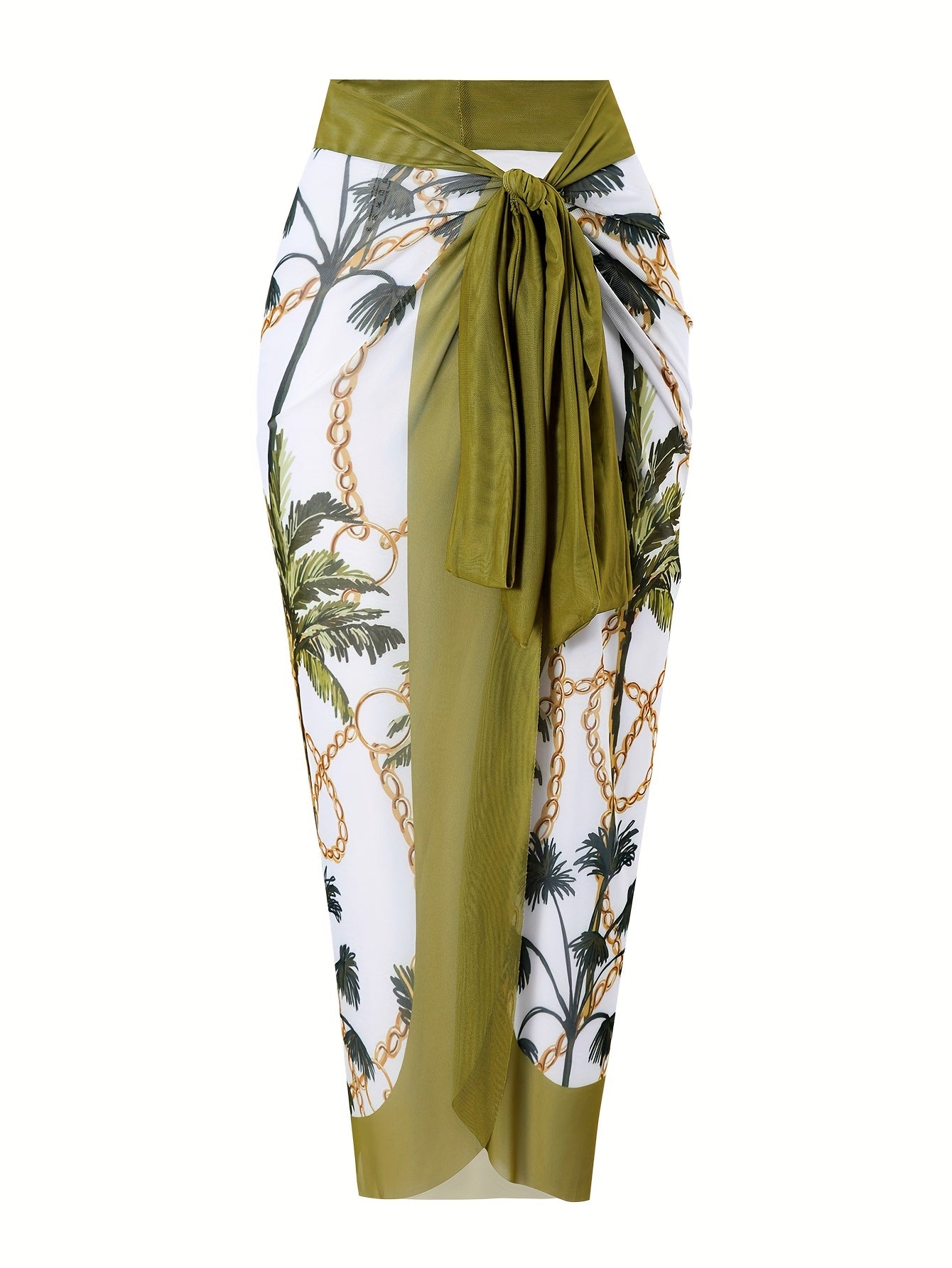 Tropical Palm Print Two-Piece Swimsuit Set with V-Neck Top and Sheer Sarong