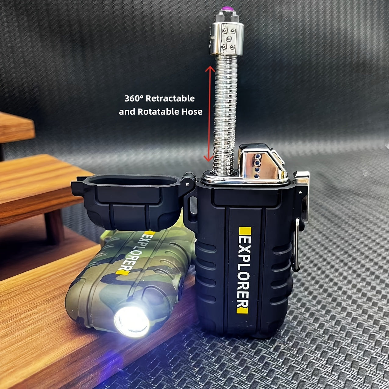 Outdoor Electric Lighter with Flashlight and Rotatable Hose for Camping Gas Stove