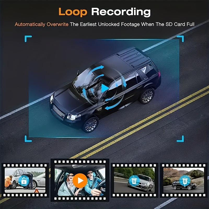 3-Channel Car Dash Cam 1080P Night Vision Loop Recording 5.08cm Screen