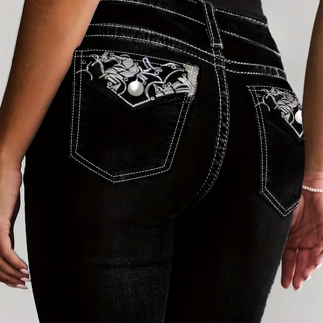 Women High-Waisted Embroidered Flare Jeans Stretch Denim All-Season Plus Size