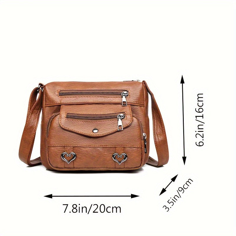 Brown Crossbody Bag with Adjustable Strap, Multiple Compartments, Heart Studs, Lightweight, Casual