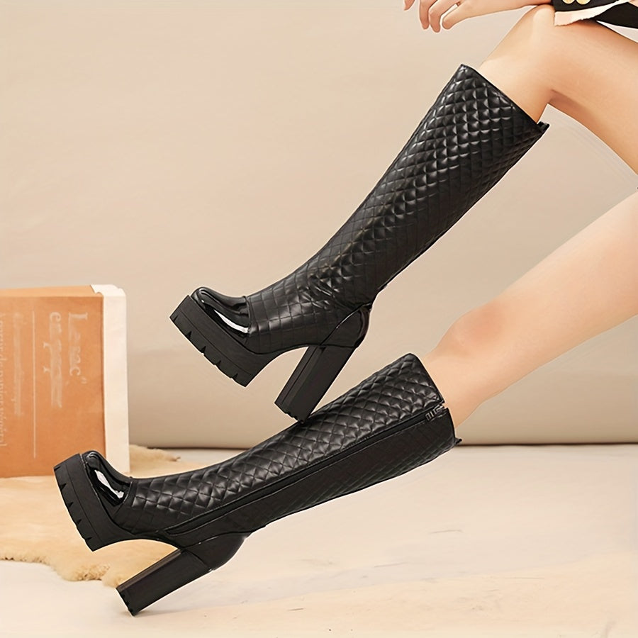 Women's Black Faux Leather High-Heeled Rain Boots with Zipper Non-Slip Sole