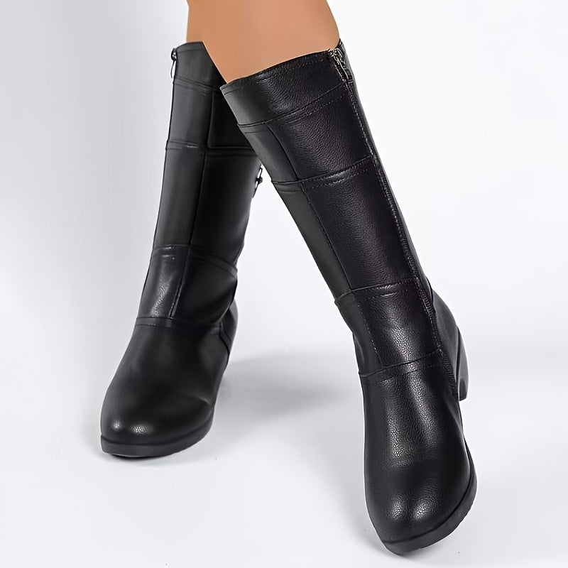 Women's Fleece-Lined Mid-Calf Ankle Boots with Zipper, Chunky Heel, Black