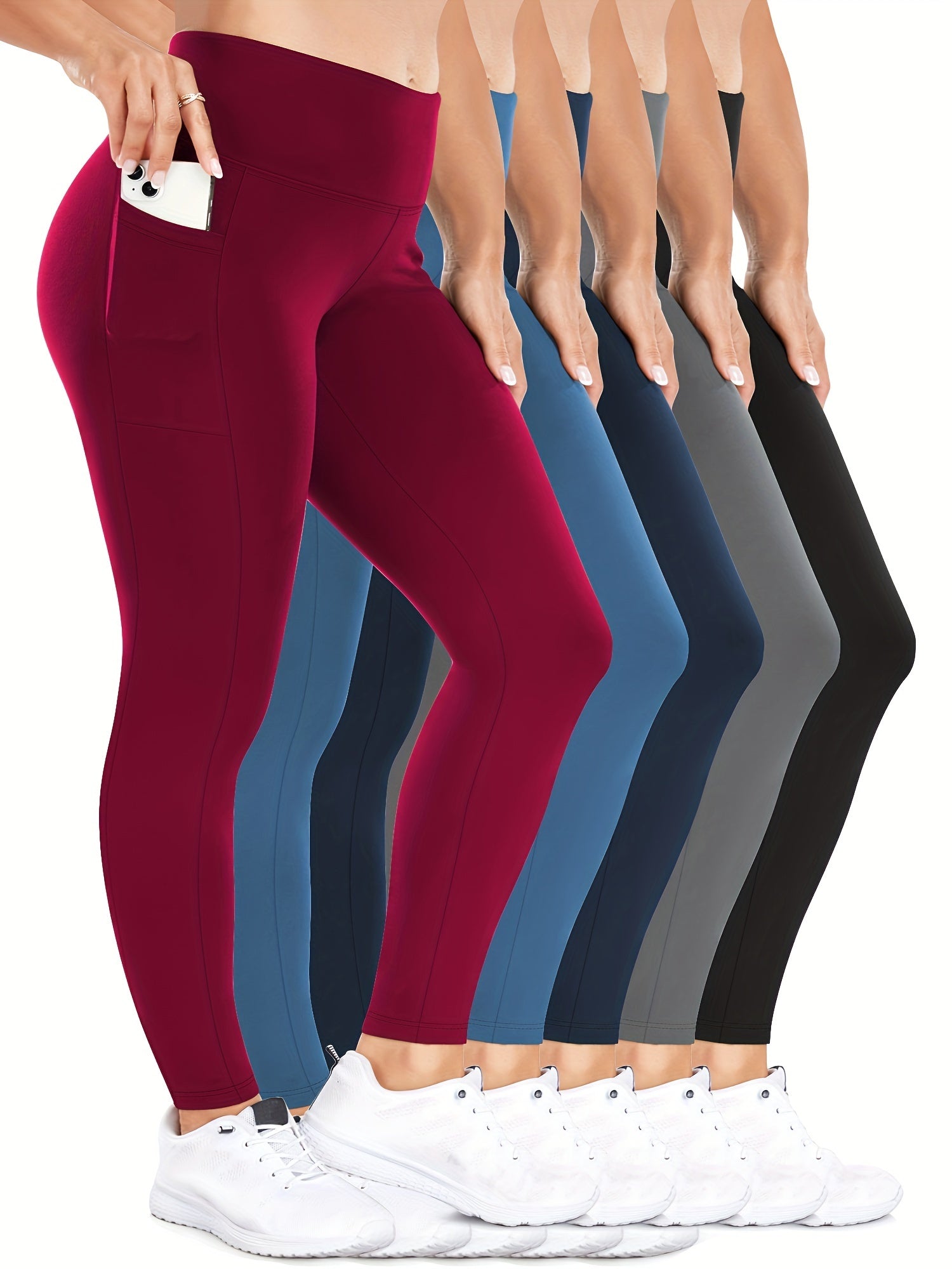 Plus Size Women High-Waisted Leggings Set With Side Pockets 5 Pack