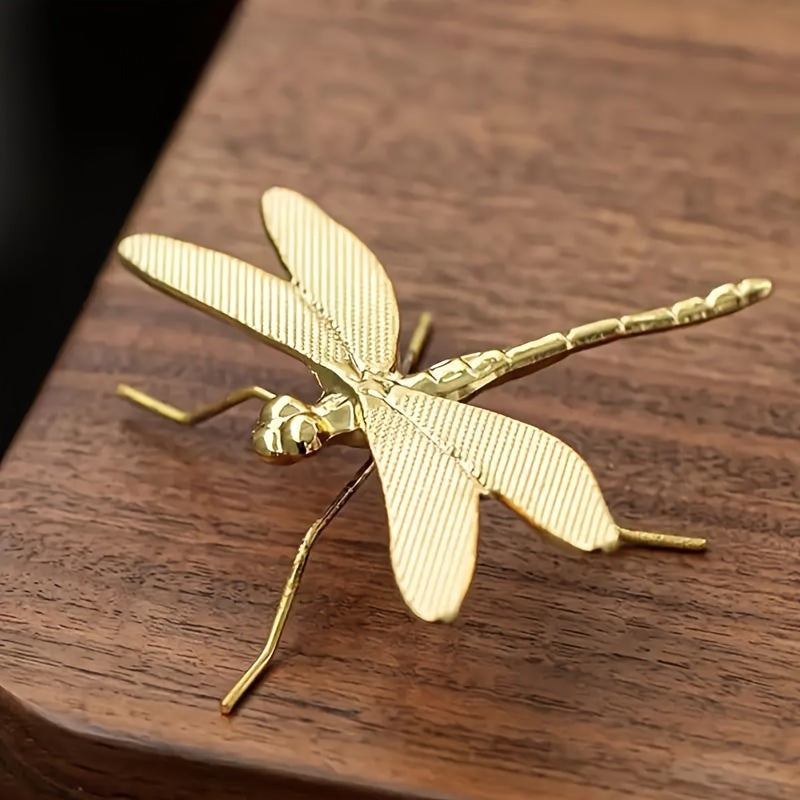 Gold Dragonfly Tea Pet Metal Figurine for Desk and Living Room Decor