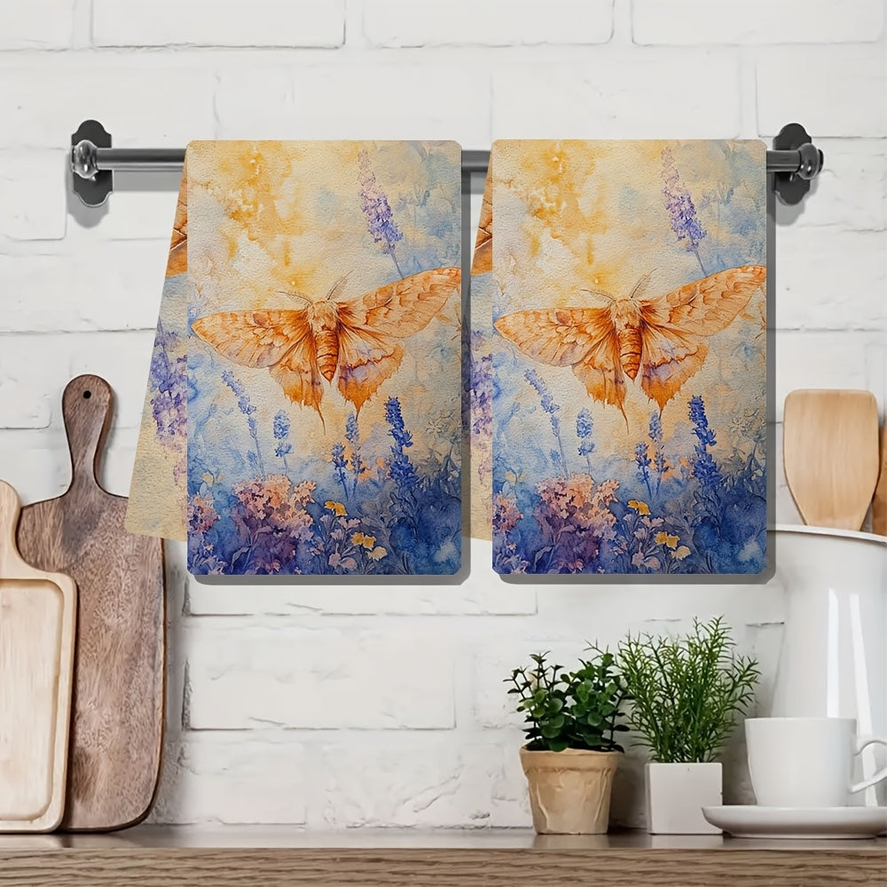 Set of 2 Soft Kitchen Towels with Moth and Floral Design, 16x24 Inches