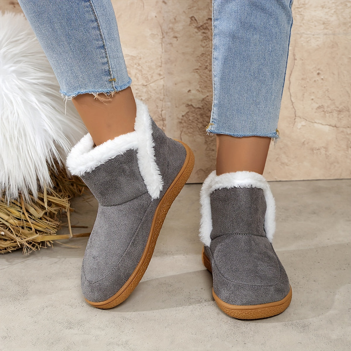 Women's Winter Plush Lined Slip-On Ankle Boots with Rubber Sole