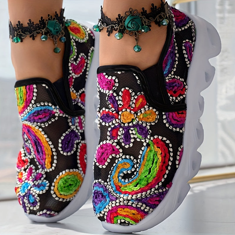 Women's Embroidered Fabric Slip-On Sneakers with Rubber Sole