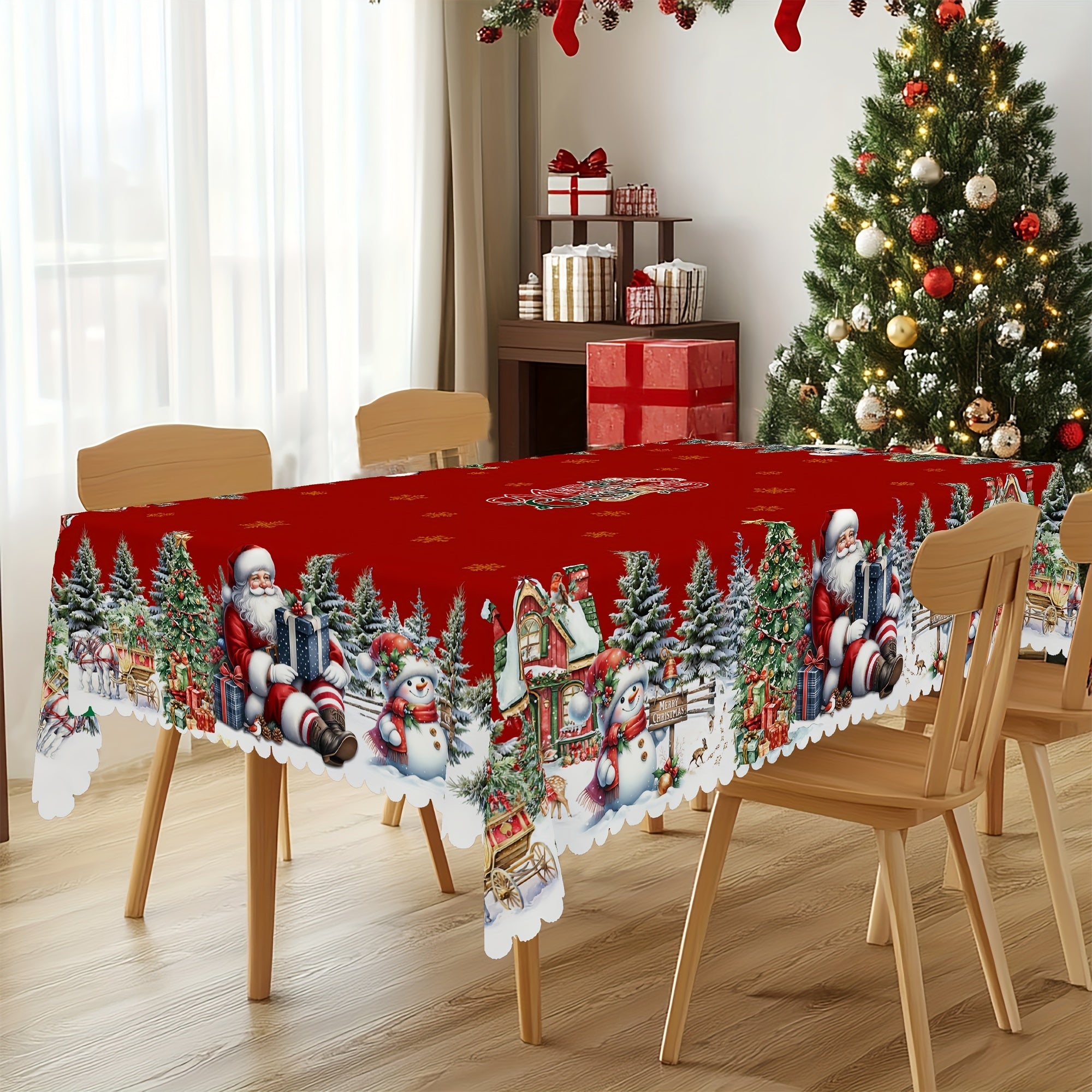 Christmas Tablecloth with Santa Snowman and Tree Patterns Polyester for Round and Rectangular Tables