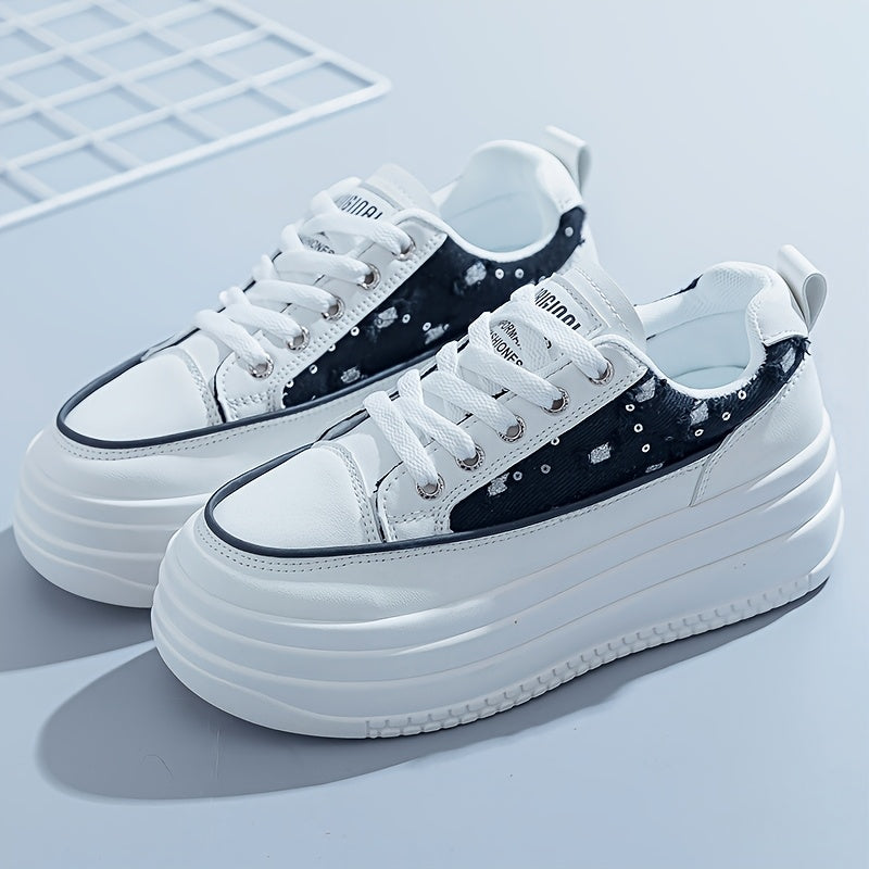 Women's Casual White Sneakers Low-Top Lace-Up Breathable Fabric