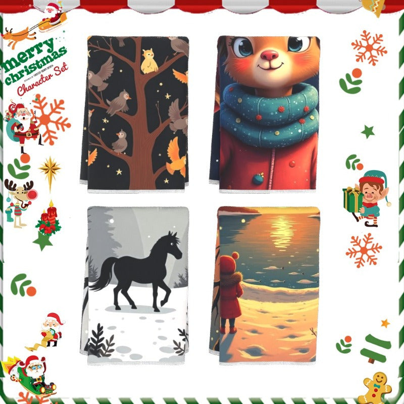 Set of 4 Polyester Kitchen Towels Reindeer Elk Design 45x66 cm Non-Woven