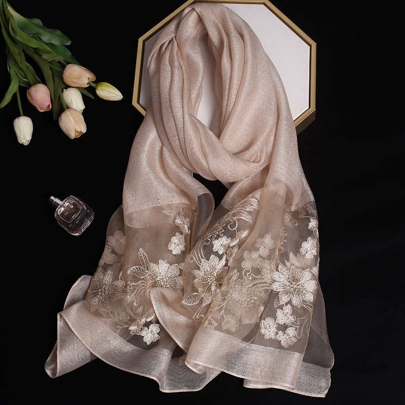 Silk and Wool Embroidery Scarf for Women Floral Long Outerwear
