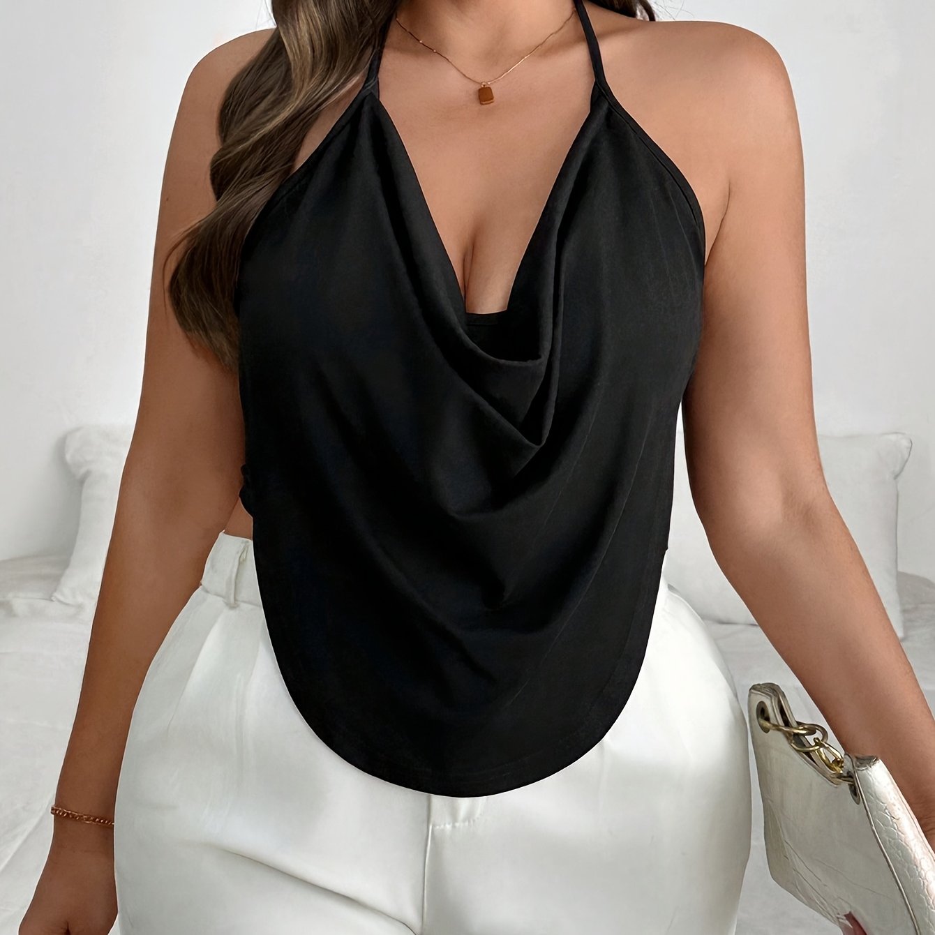 Plus Size Red Halter Neck Tank Top Ruched Bust Sleeveless Stretchy Casual