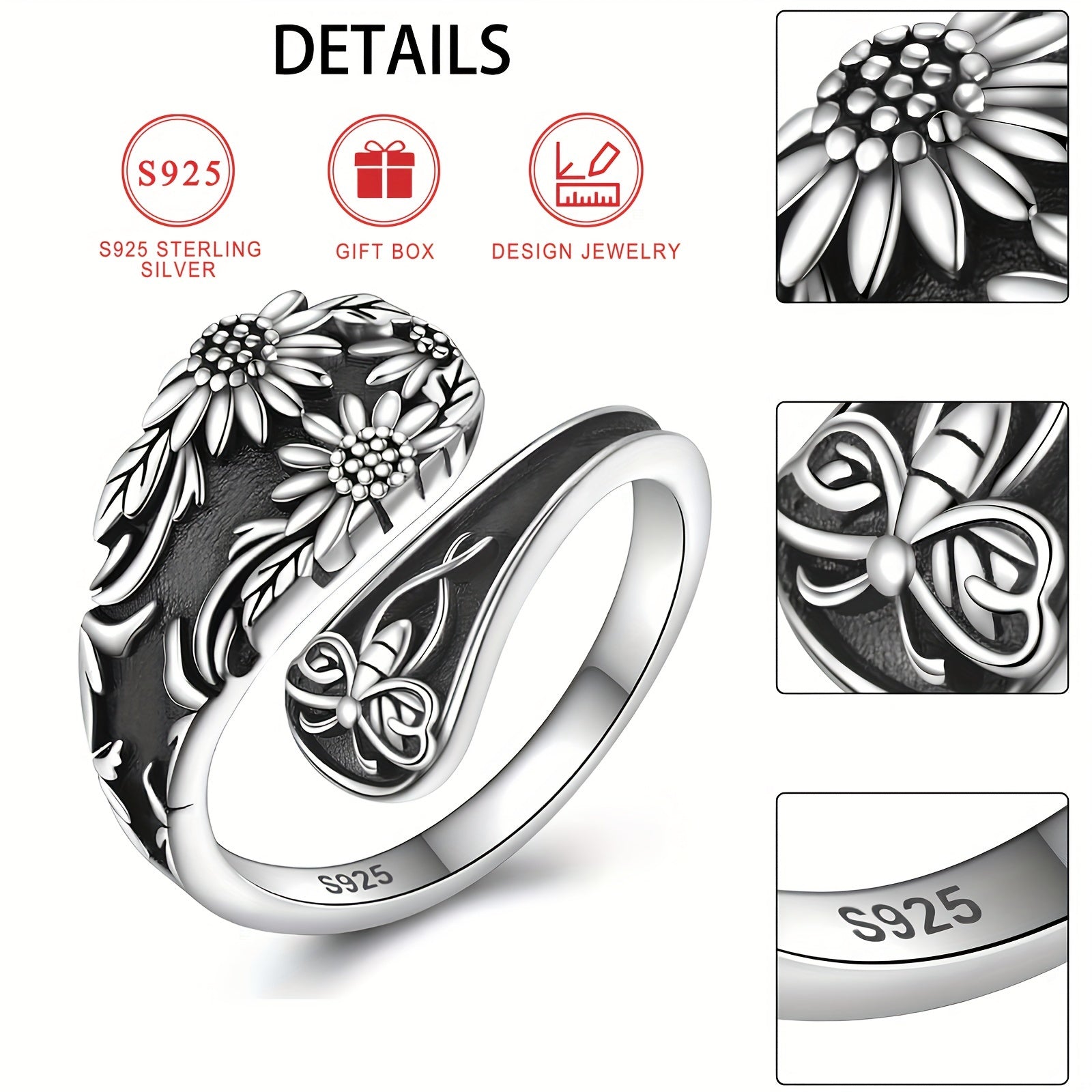 "Sterling Silver qoshiq halqa, quyosh gul va chamomile dizayni - Vintage Bohemian uslubi, kapalak va gullar o'yilgan, gippoallergen, sovg'a qutisi bilan birga - Onalar kuni va har kuni kiyish uchun ideal"