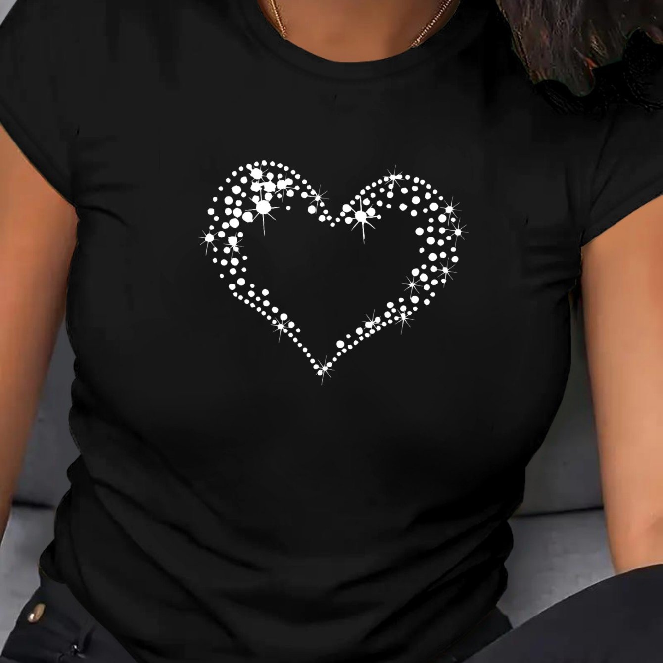 Women's Large Fit Heart Print T-Shirt - Soft Breathable Polyester Casual Short Sleeve