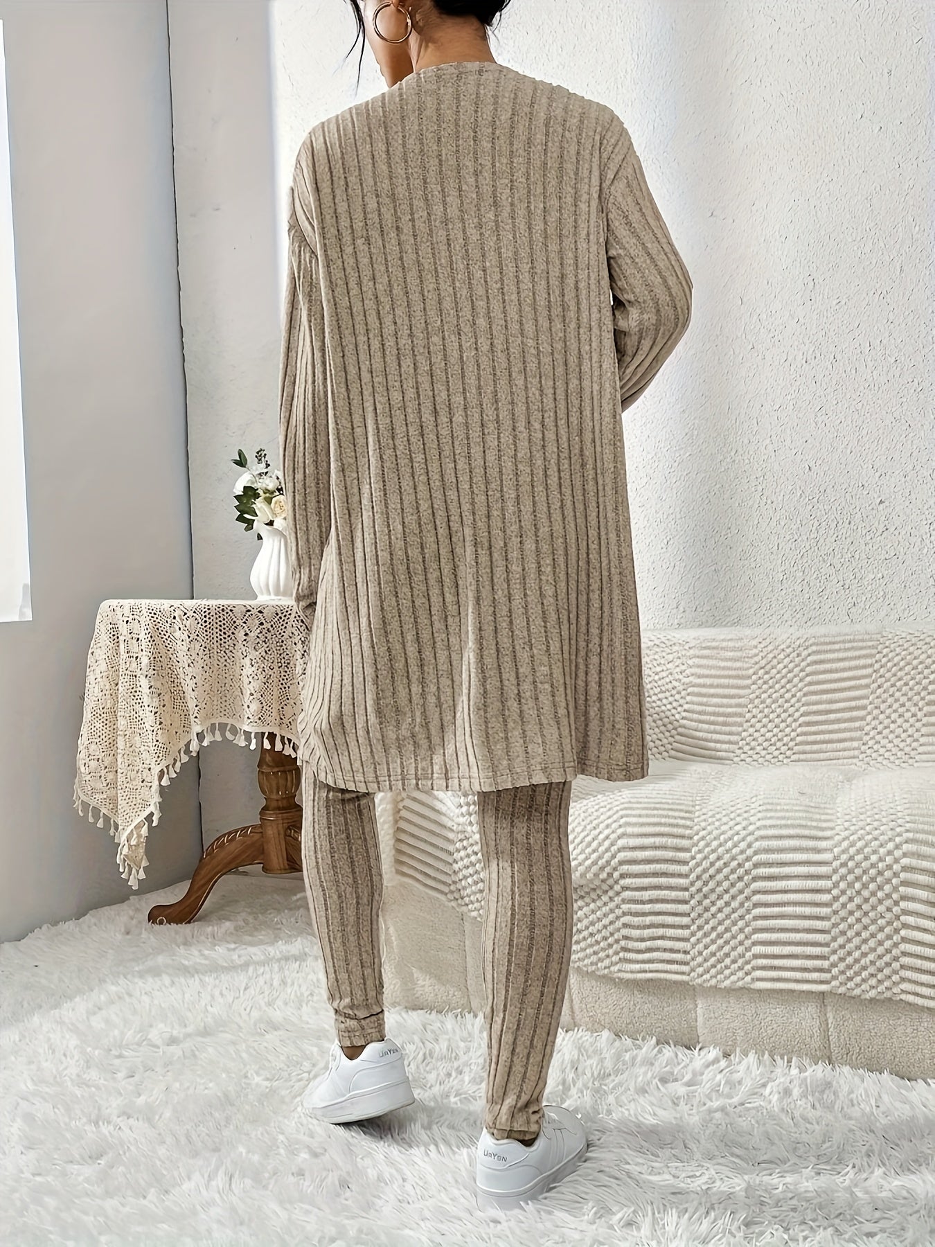 Women's Fall Winter Knit Loungewear Set Cardigan Camisole Pants Solid Color