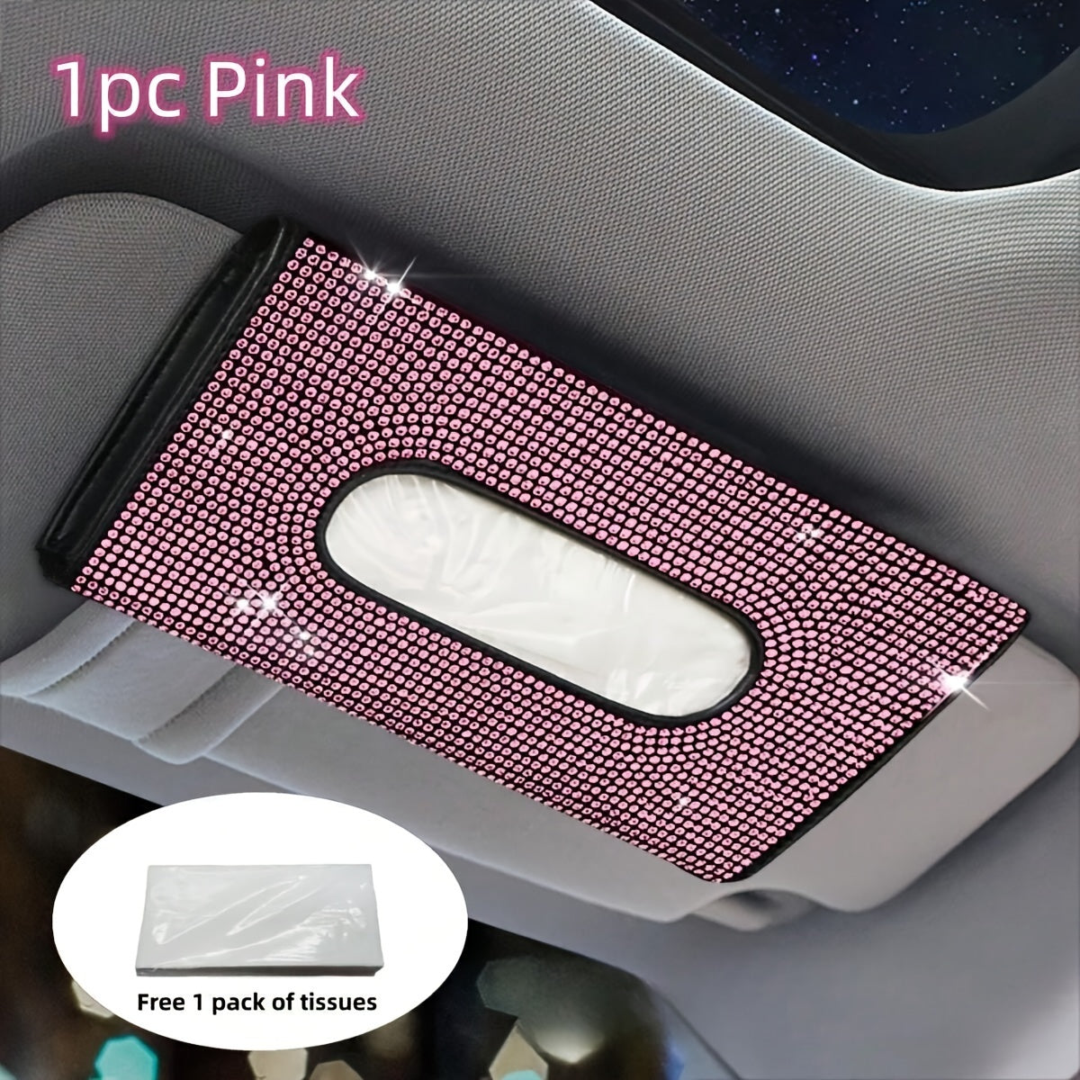 Car Tissue Box with Glitter Rhinestones and PU Leather for Car Sun Visor Storage