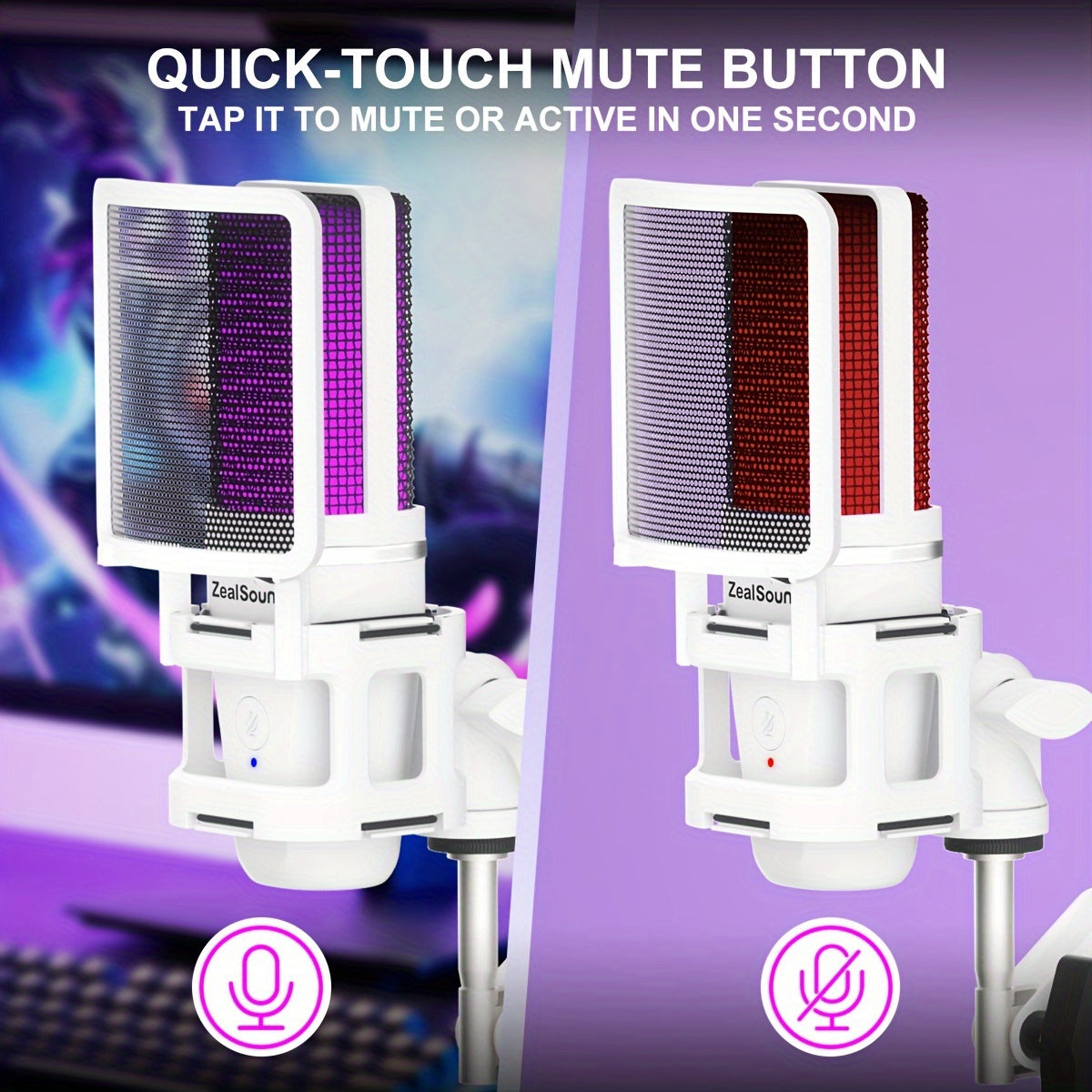 RGB USB Gaming Microphone with Tripod Stand Boom Arm and Rainbow Lighting