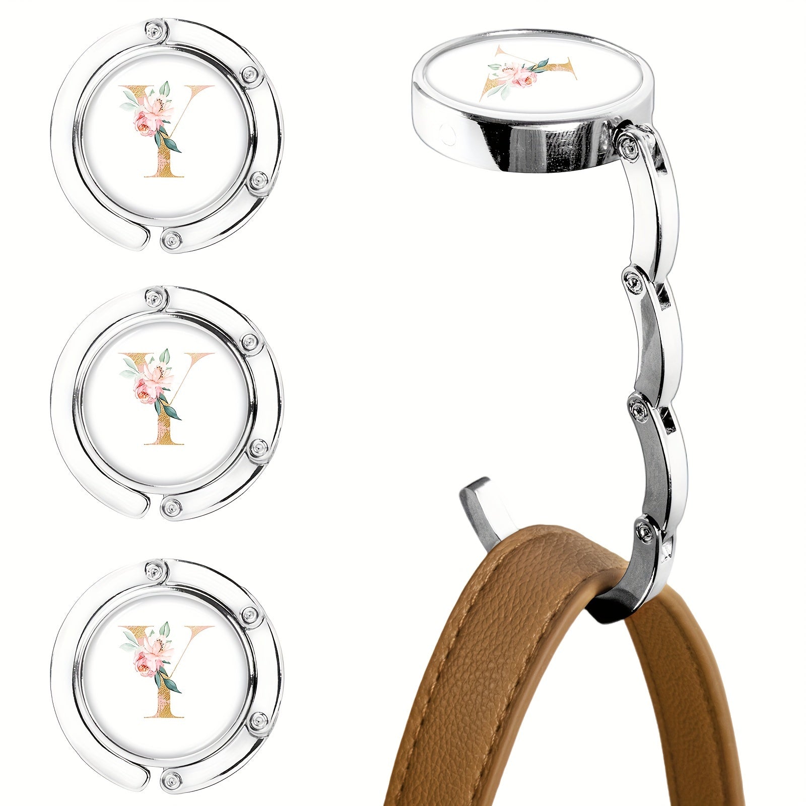 Набор из 3-х складных крючков для кошельков с цветочным дизайном букв, изготовленных из металла для подвешивания сумок на столах. Стильная подставка для сумок и органайзер для стола для женщин.