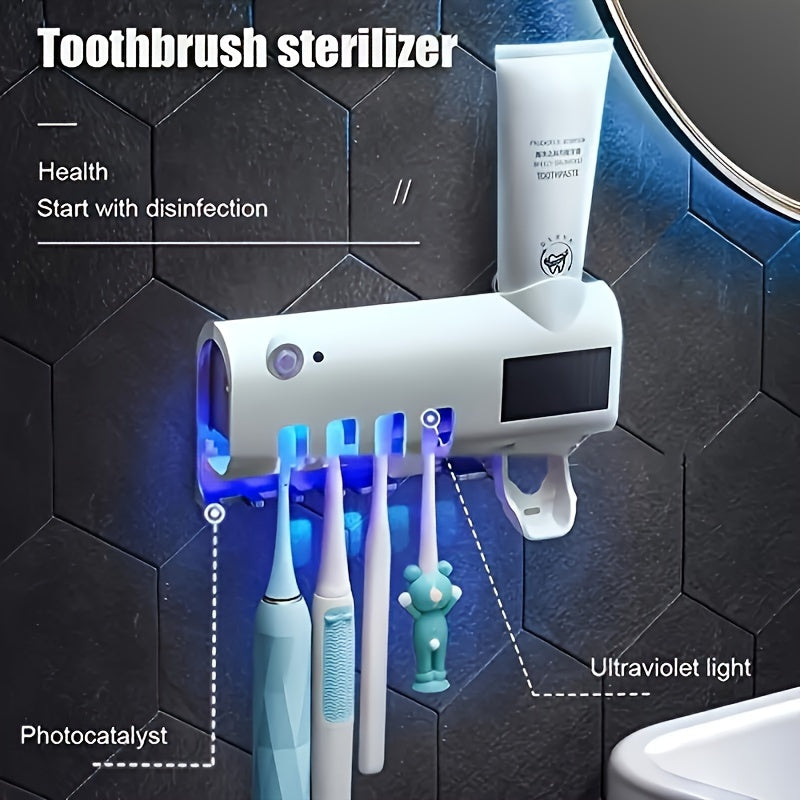 UV Electronic Toothbrush Holder with Toothpaste Dispenser Wall Mount Rechargeable Battery