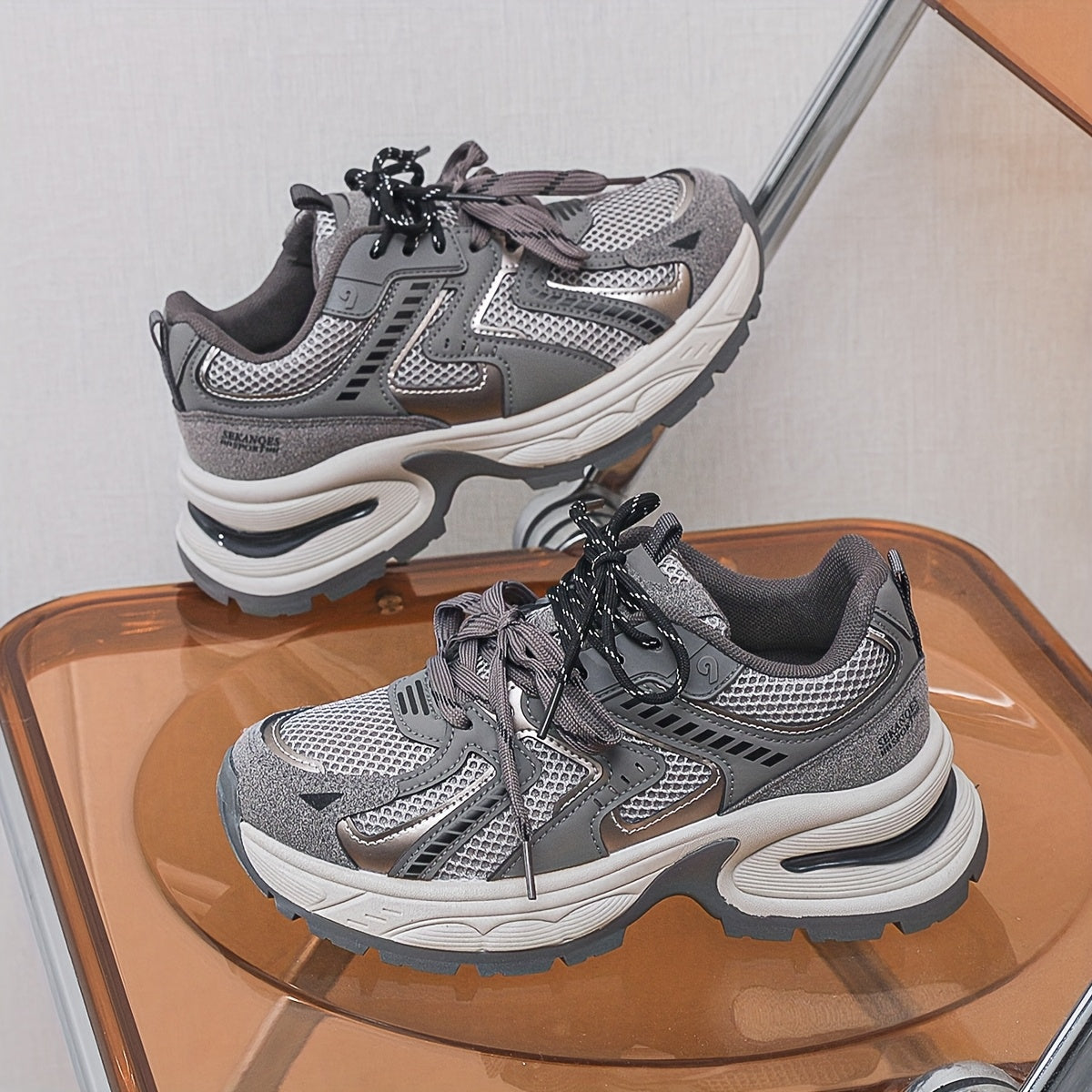 Women's Breathable Mesh PU Cover Low-Top Sneakers Casual Shoes Grey Black