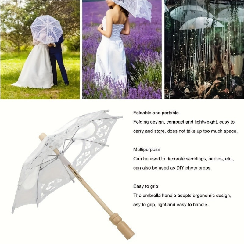 Embroidered Cotton Lace Bridal Umbrella with Wooden Handle for Weddings and Photography