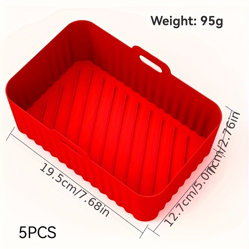 5 ta kvadrat silikon qopqoq to'plami havo fritöz uchun, yopishqoq emas, tozalash oson, oziq-ovqat xavfsiz, qayta ishlatiladigan va havo fritöz uchun egiluvchan savat ichki qism bilan.