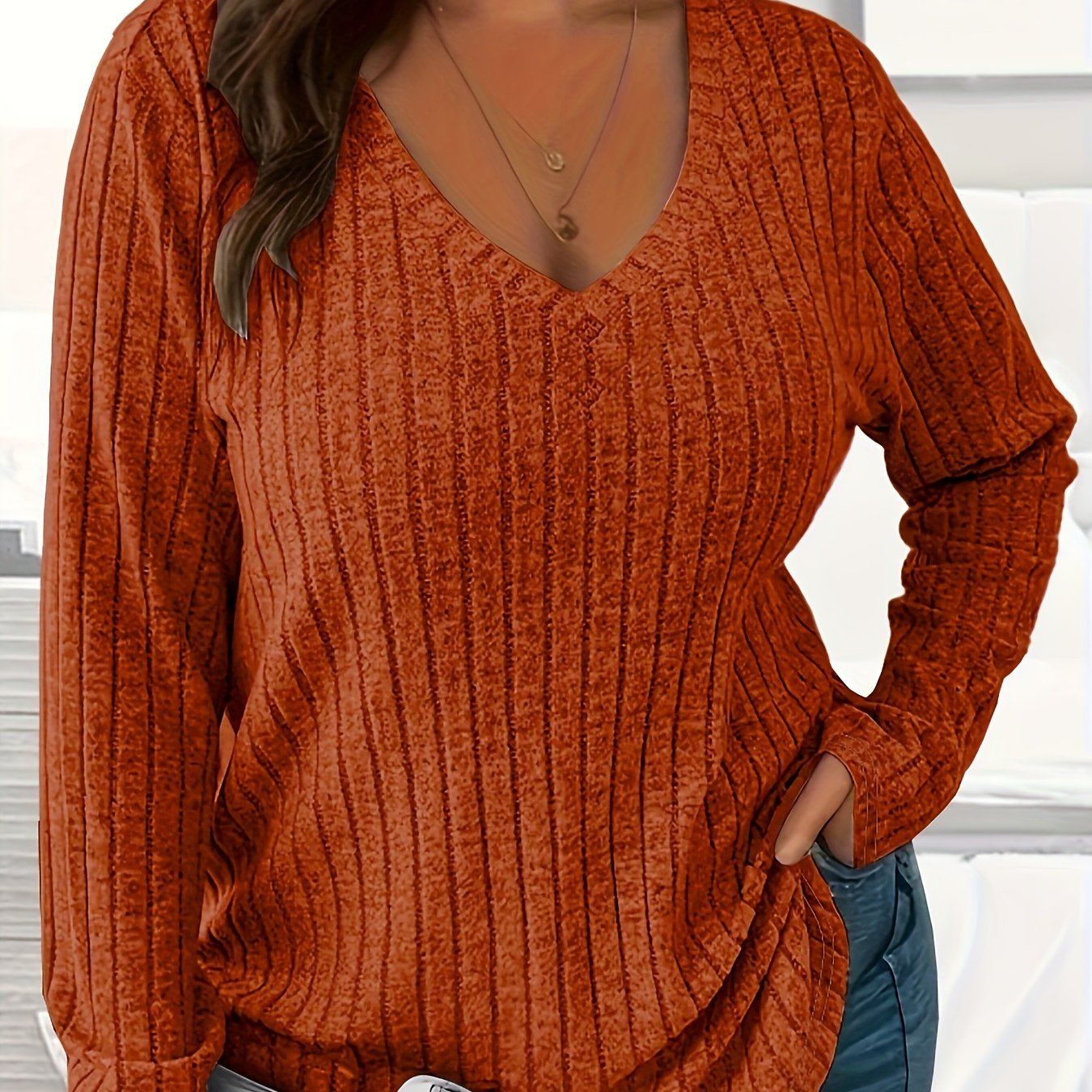 Plus Size Ribbed Solid V-Neck Long Sleeve T-Shirt Womens Clothing
