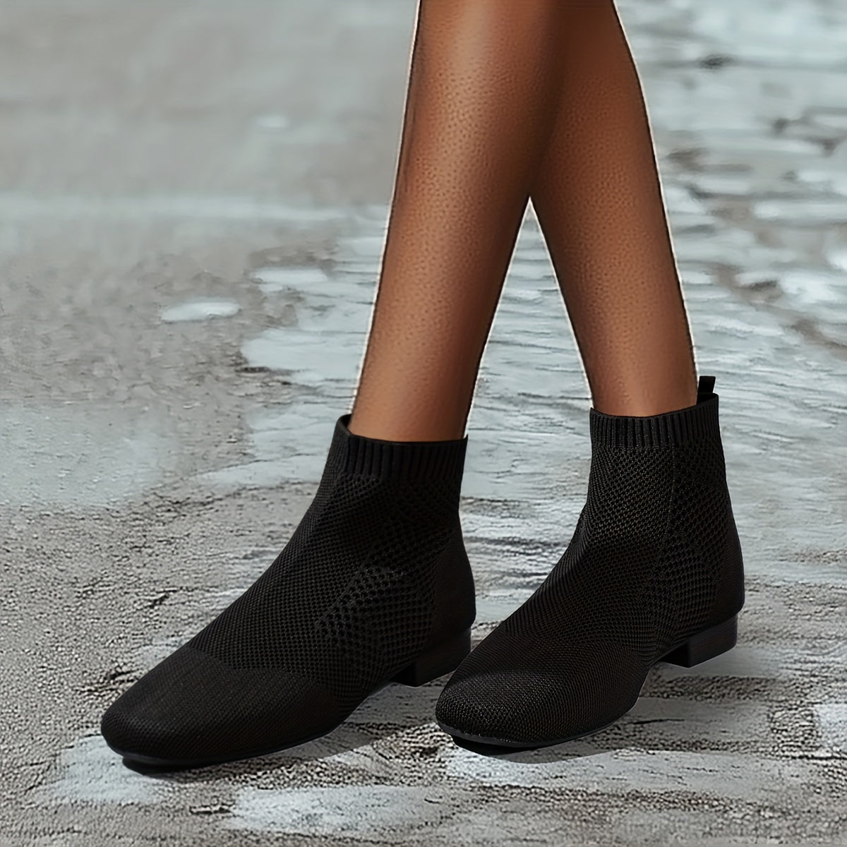 Women’s Knit Ankle Boots Breathable Mesh Low Block Heel Casual Shoes