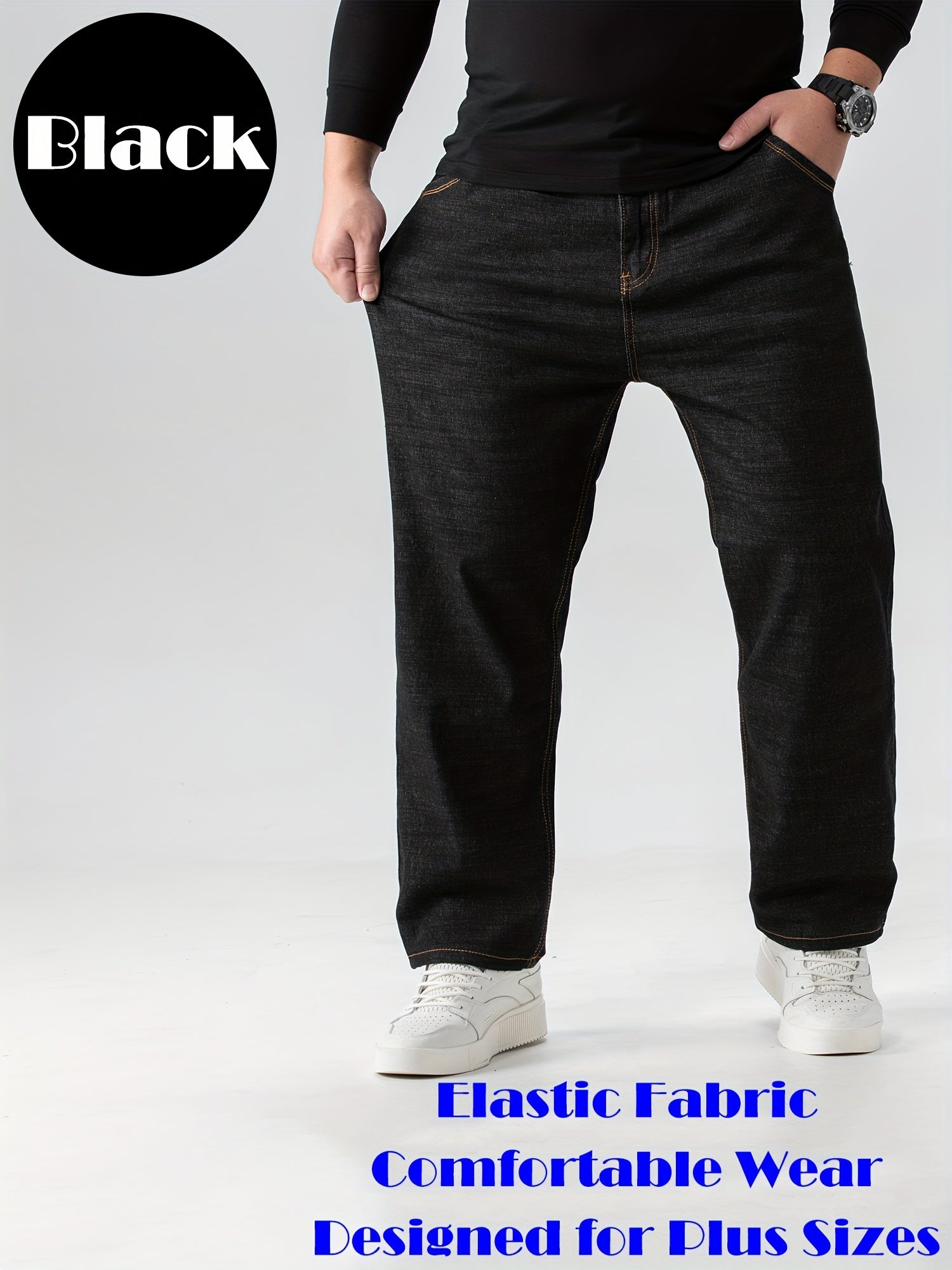 Plus Size Men's Straight Leg Denim Pants Cotton Blend Solid Color Casual Business Wear