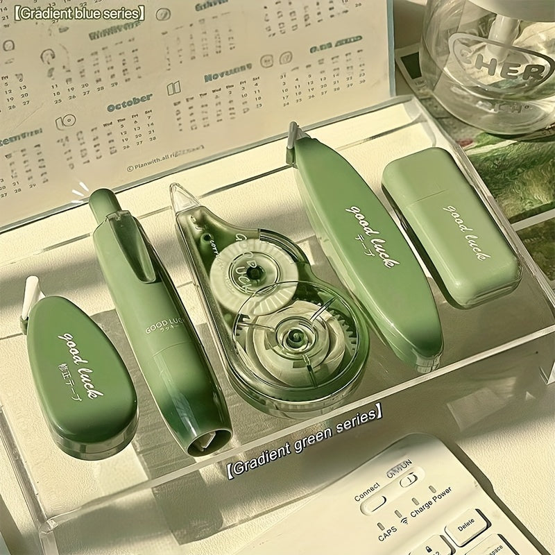 Juego de 5 cintas correctoras de degradado verde lima de gran capacidad, dispensador duradero de PP para escuela y oficina