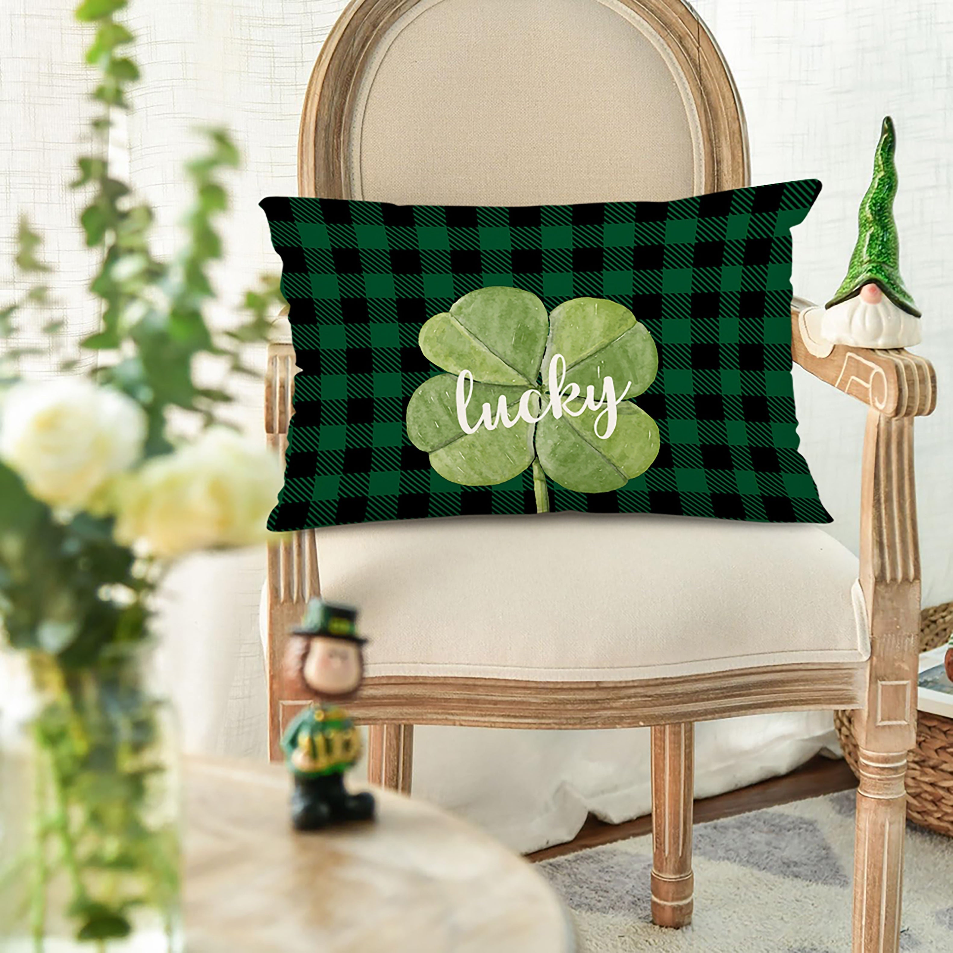 Contemporary Linen Lumbar Pillow 30.5x50.8 cm Plaid Clover Design Decorative Cushion Indoor Outdoor