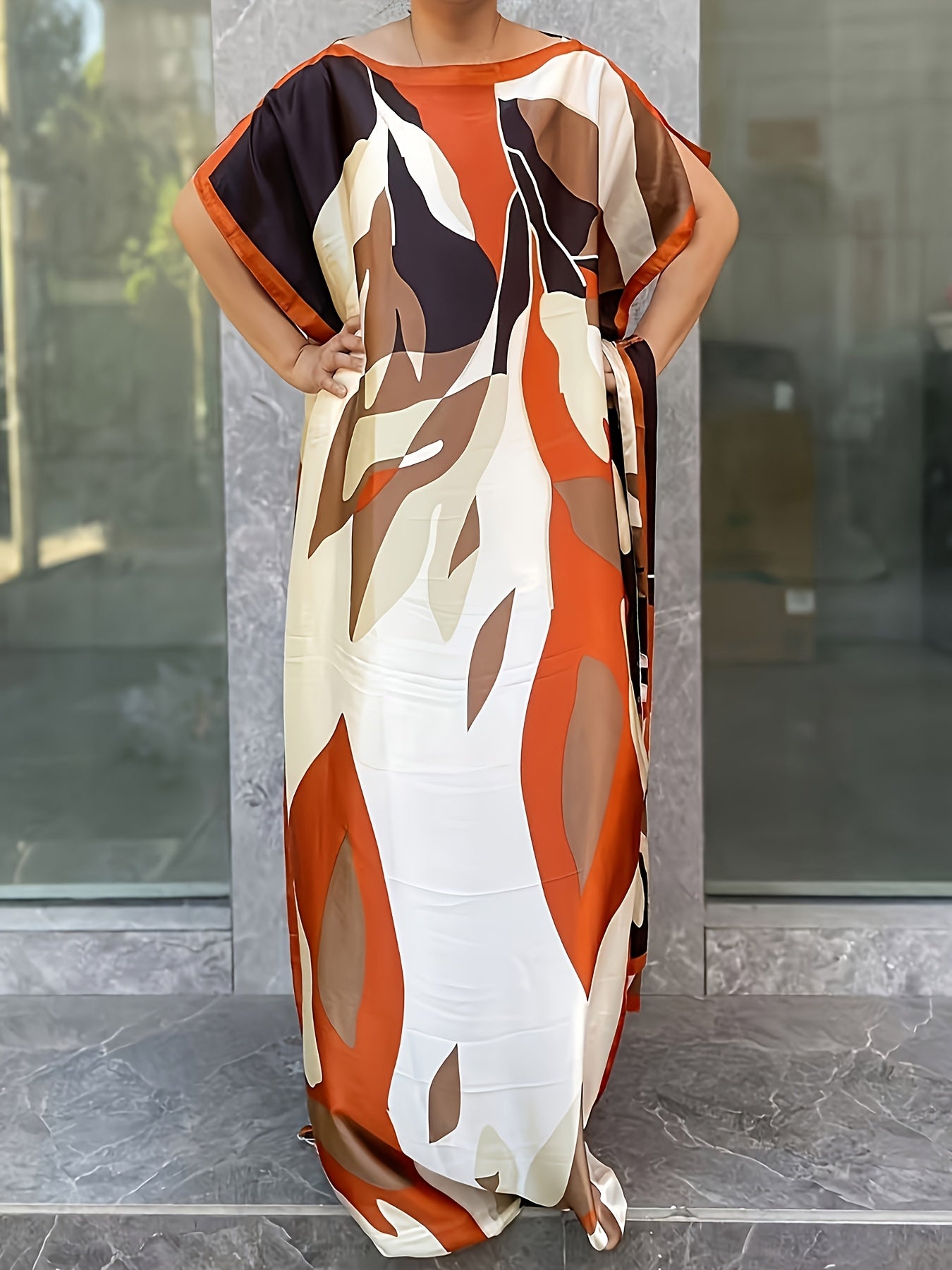 Women's Plus Size Floral Print Longline Dress with Scarf Casual Summer Holiday