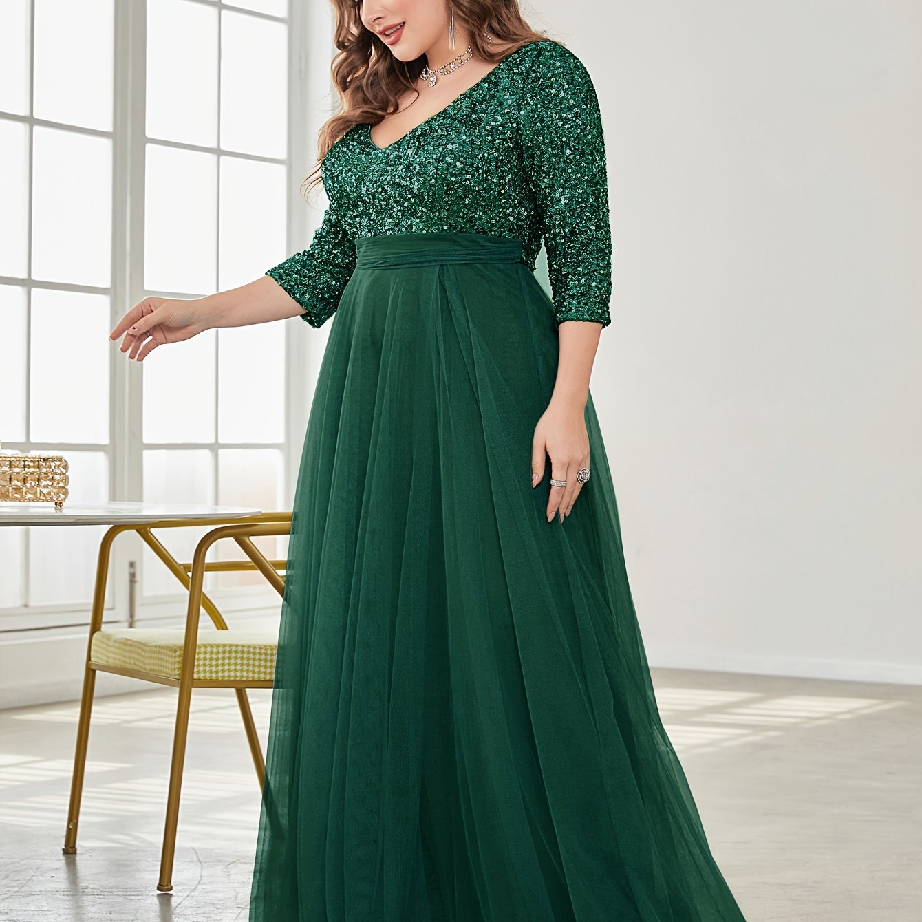 Vestido largo de novia y dama de honor con lentejuelas de talla grande, falda de tul