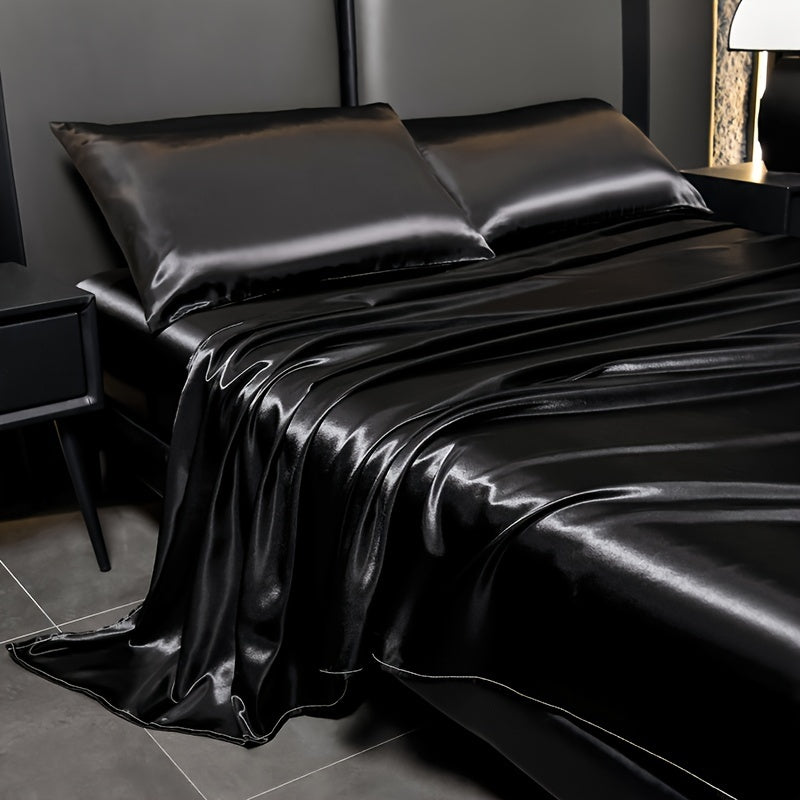Juego de sábanas de satén de 4 piezas, reversible, transpirable, antideslizante, de color sólido para dormitorio, invitados, hotel