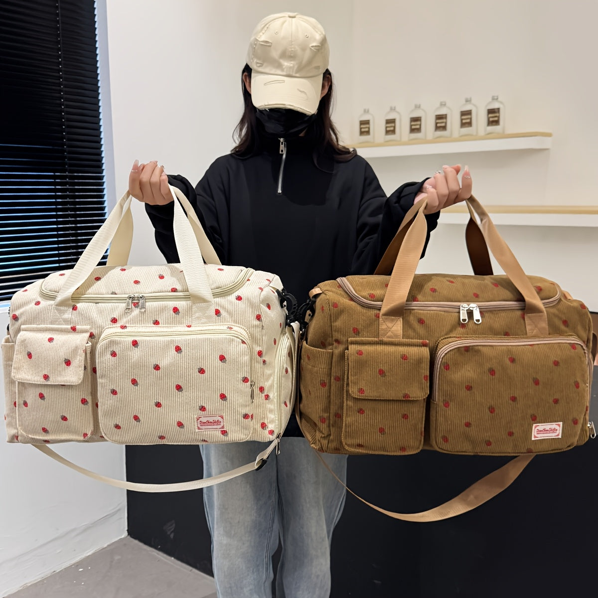 Corduroy Travel Bag with Strawberry Print Wet and Dry Separation Shoe Compartment for Vacation Gym and School