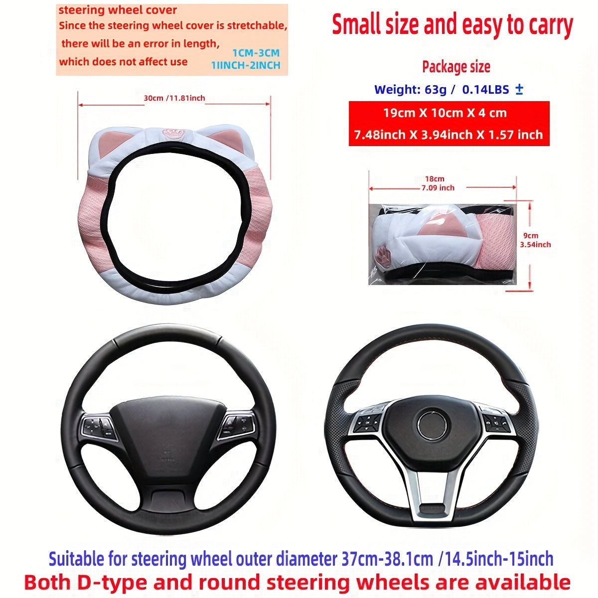 Cute Pink White Cat Steering Wheel Cover Breathable Mesh Stretchable Car Accessory