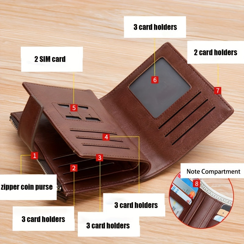 Men's PU Leather Wallet RFID Blocking Zipper Coin Purse Vintage Solid Black