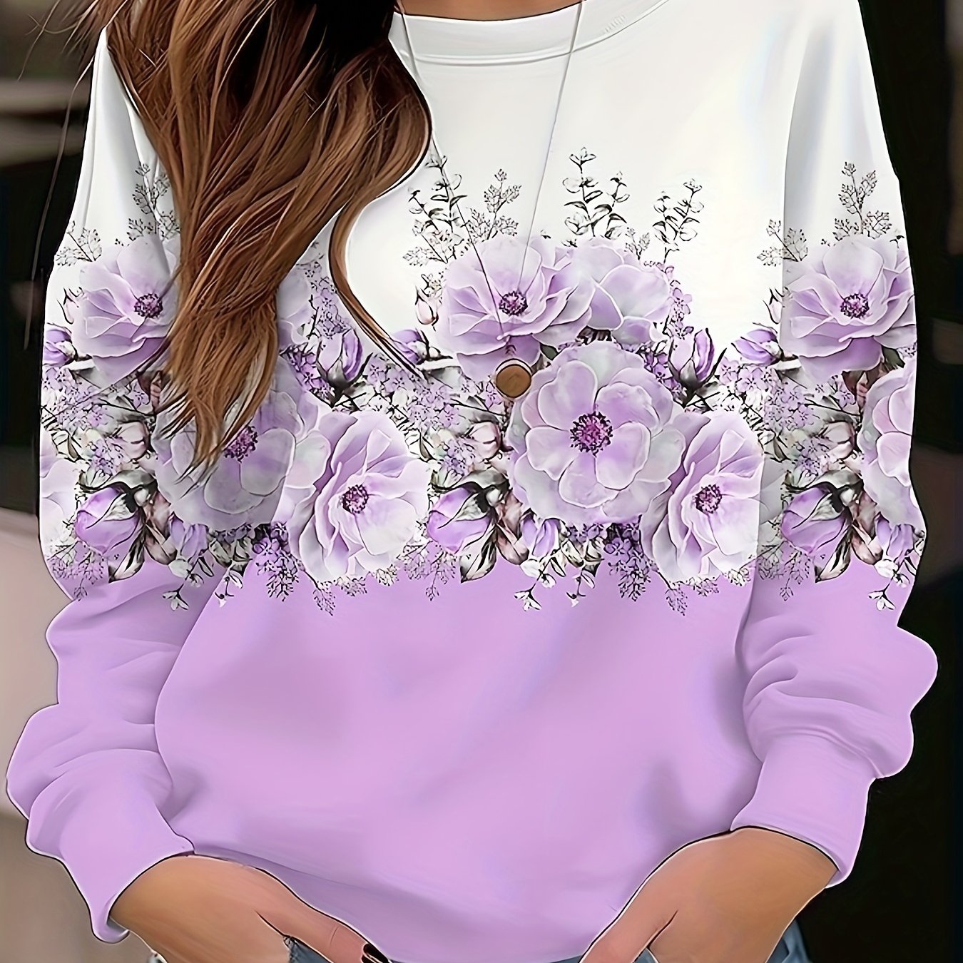 Women's Floral Print Pullover Sweatshirt Pink White Long Sleeve Fall Winter Top